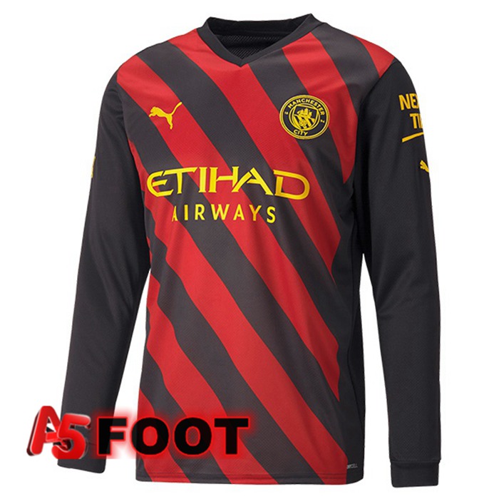 Maillot de Foot Manchester City Exterieur Manche Longue Rouge Noir 2022/2023