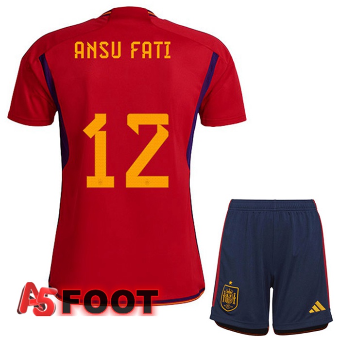 Maillot Equipe De Espagne (ANSU FATI 12) Enfant Domicile Rouge Coupe du monde 2022