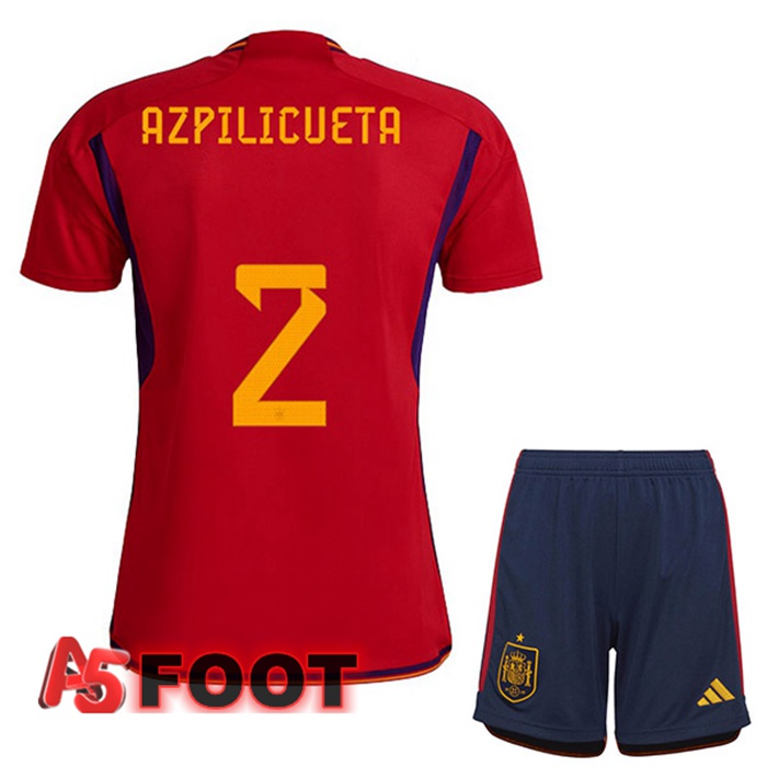 Maillot Equipe De Espagne (AZPILICUETA 2) Enfant Domicile Rouge Coupe du monde 2022