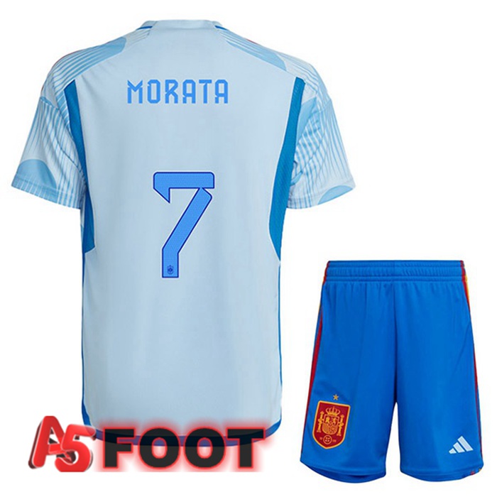 Maillot Equipe De Espagne (MORATA 7) Enfant Exterieur Bleu Blanc Coupe du monde 2022