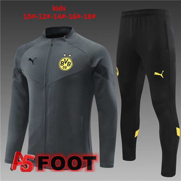 Ensemble Veste Survetement de Foot Dortmund BVB Enfant Gris 2022/2023