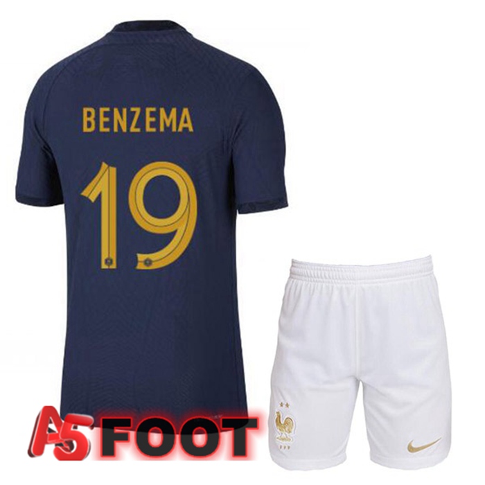 Maillot Equipe De France (BENZEMA 19) Enfant Domicile Bleu Royal Coupe du monde 2022