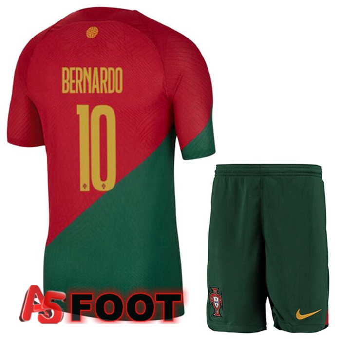 Maillot Equipe De Portugal (BERNARDO 10) Enfant Domicile Rouge Vert Coupe du monde 2022