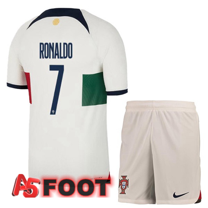 Maillot Equipe De Portugal (RONALDO 7) Enfant Exterieur Blanc Rouge Coupe du monde 2022
