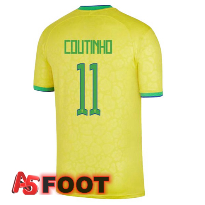 Maillot Equipe De Bresil (COUTINHO 11) Domicile Jaune Coupe du monde 2022