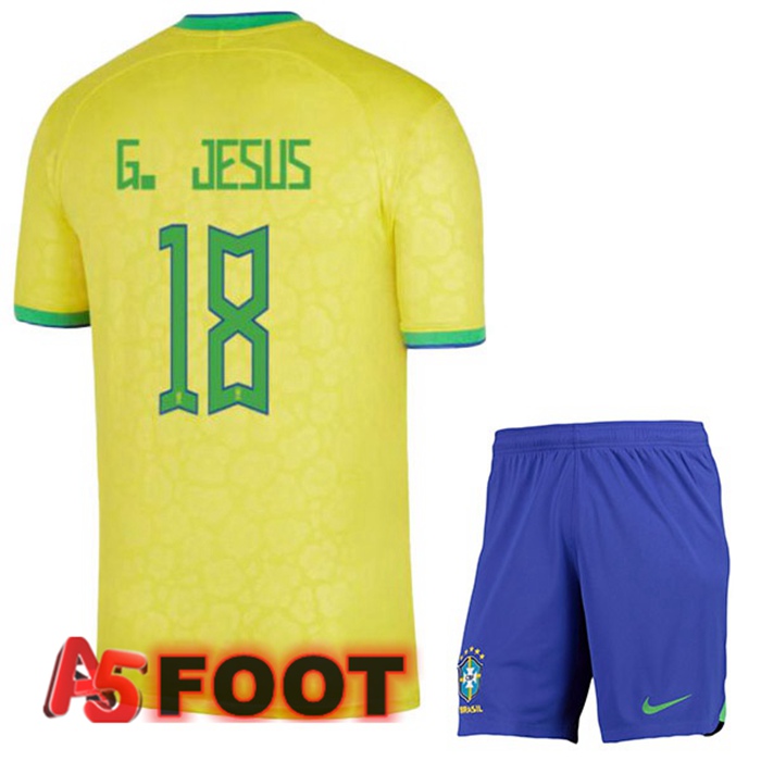 Maillot Equipe De Bresil (G. JESUS 18) Enfant Domicile Jaune Coupe du monde 2022