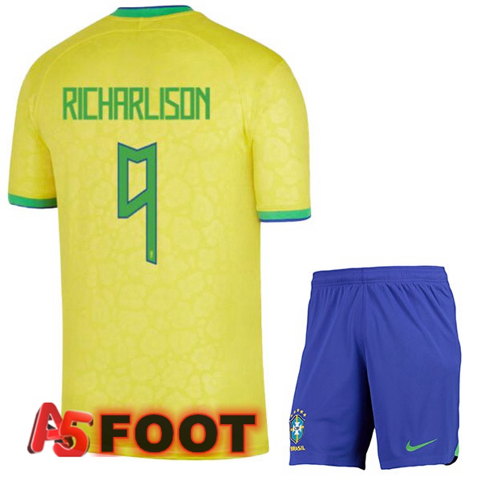 Maillot Equipe De Bresil (RICHARLISON 9) Enfant Domicile Jaune Coupe du monde 2022