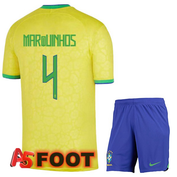 Maillot Equipe De Bresil (MARQUINHOS 4) Enfant Domicile Jaune Coupe du monde 2022