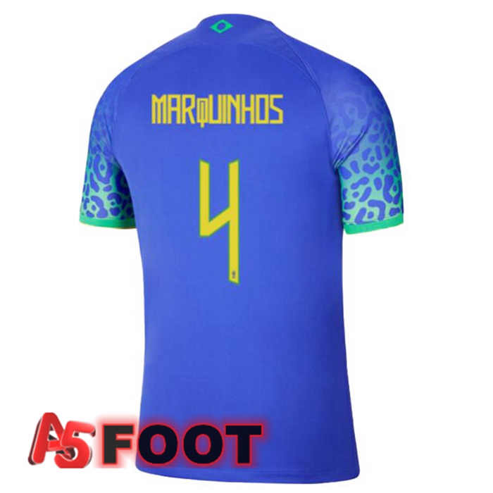Maillot Equipe De Bresil (MARQUINHOS 4) Exterieur Bleu Coupe du monde 2022
