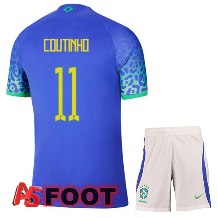 Maillot Equipe De Bresil (COUTINHO 11) Enfant Exterieur Bleu Coupe du monde 2022