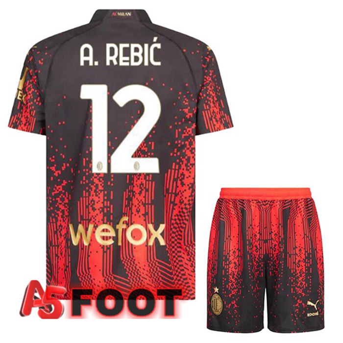Maillot De Foot AC Milan (A. REBIĆ 12) Enfant Quatrieme Rouge Noir 2022/2023