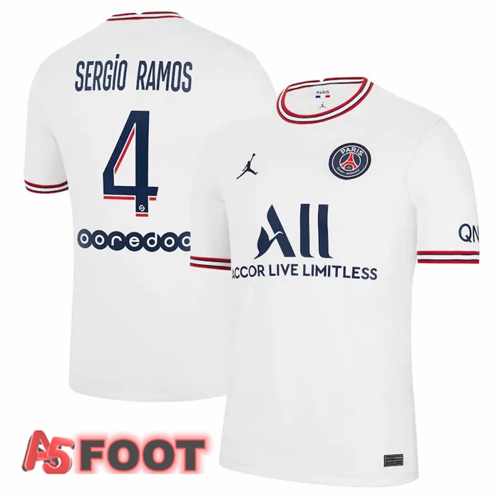 Maillot de Foot Jordan Paris PSG (Sergio Ramos 4) Femme Quatrieme Blanc 2021/2022