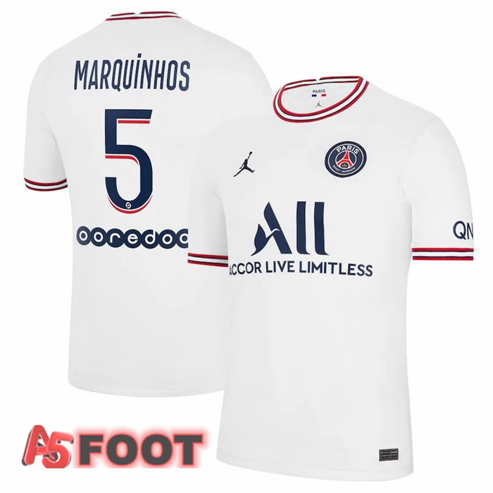 Maillot de Foot Jordan Paris PSG (Marquinhos 5) Femme Quatrieme Blanc 2021/2022