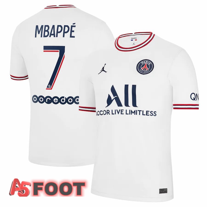 Maillot de Foot Jordan Paris PSG (Mbappé 7) Femme Quatrieme Blanc 2021/2022